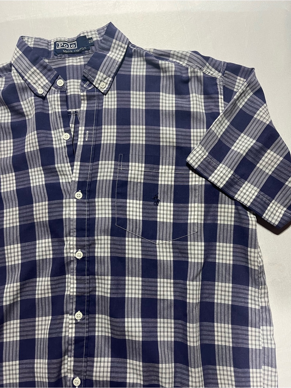 Polo by Ralph Lauren Men’s Large Navy/White Cotton Plaid Short-Sleeve ButtonDown